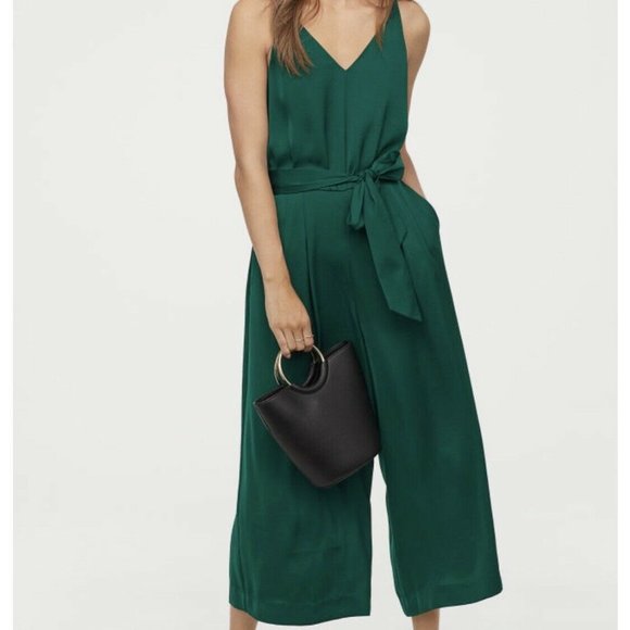 NWT H&M Wide Leg Crop Jumpsuit Emerald Green Belt Zip Up Size US 0 EU32 - Picture 1 of 12
